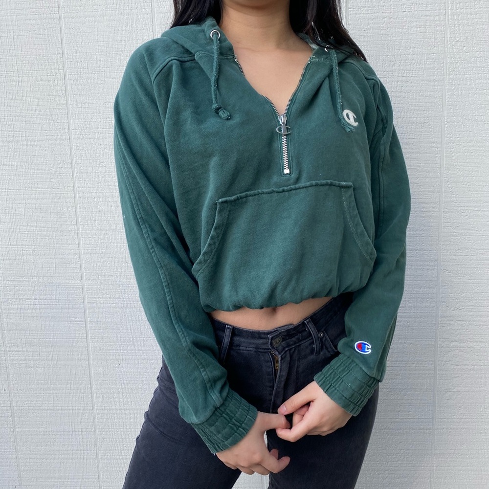 Champion Green Cropped Quarter Zip Hoodie